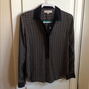 LOFT Navy and Cream Geometric Blouse